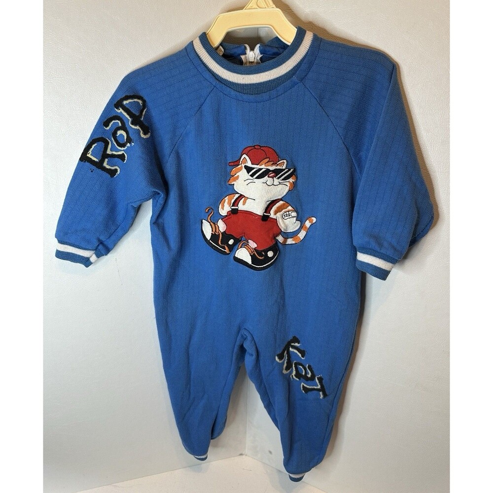 Vintage 90s Carters Toddler Boys Romper Blue Rap Kat One Piece Size 24 Months